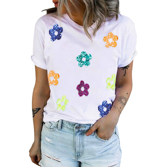 Sequin Flower Round Neck Short Sleeve T-Shirt-Size XLarge - Picture 1 of 4